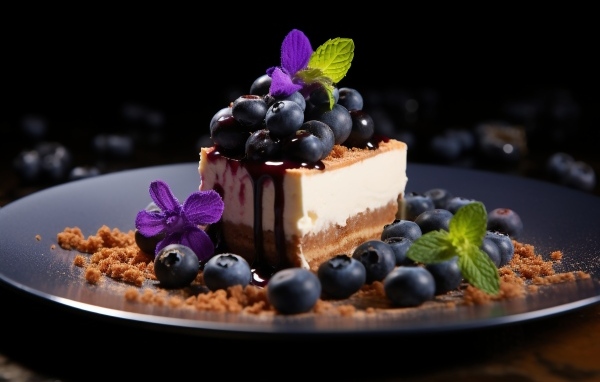 Кусок пирога с ягодами черники и листьями мяты