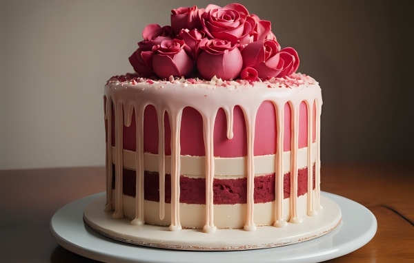 Красивый торт с кремовыми розами на тарелке