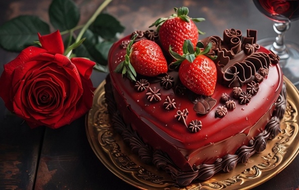 Красивый торт в шоколаде с клубникой и красной розой