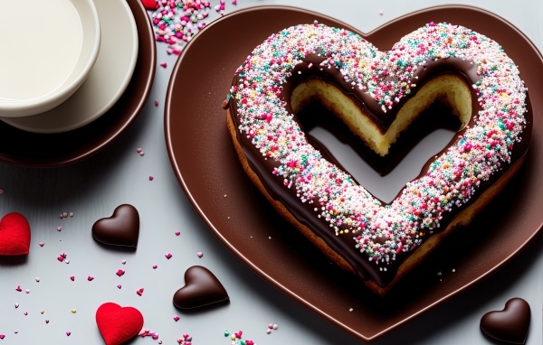 Торт в форме сердца с шоколадом на столе