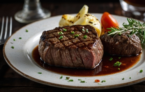 Кусок сочного стейка на тарелке на столе