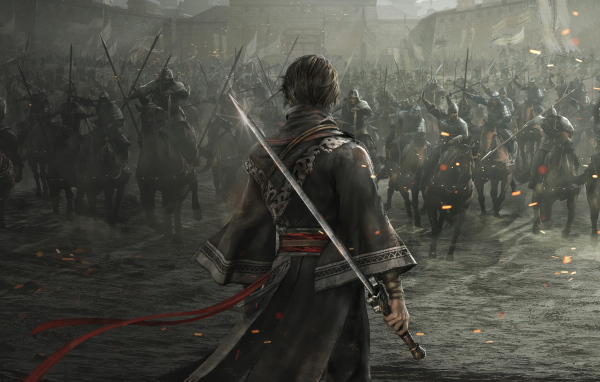 Самурай готовится к битве в компьютерной игре Dynasty Warriors: Origins