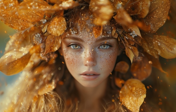 Рыжеволосая девушка осень с листьями на голове