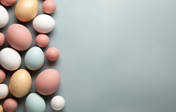 Много разноцветных яиц на сером фоне