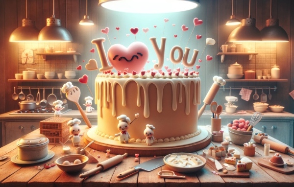 Торт с надписью Я тебя люблю на кухне на столе