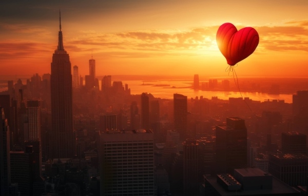 Шар в форме сердца летает над городом