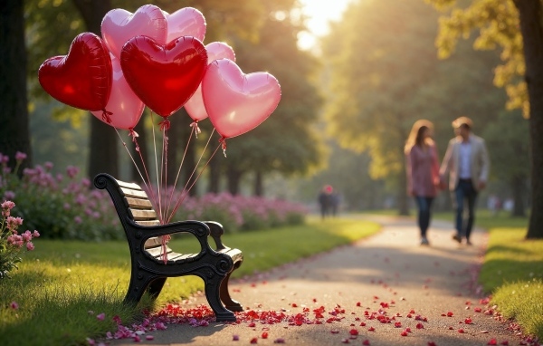 Шарики в форме сердца на лавке в парке летом