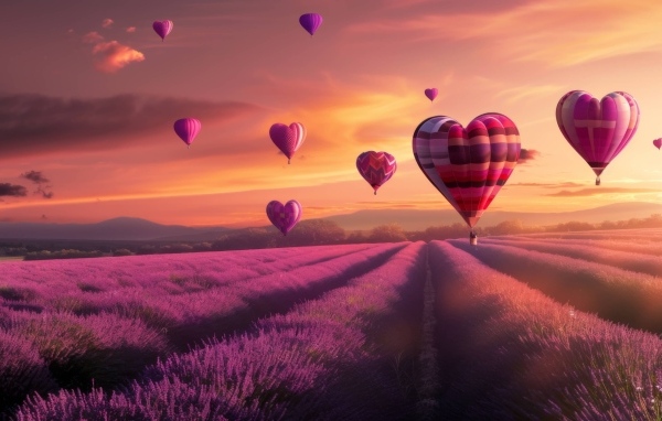 Воздушные шары в форме сердца над лавандовым полем
