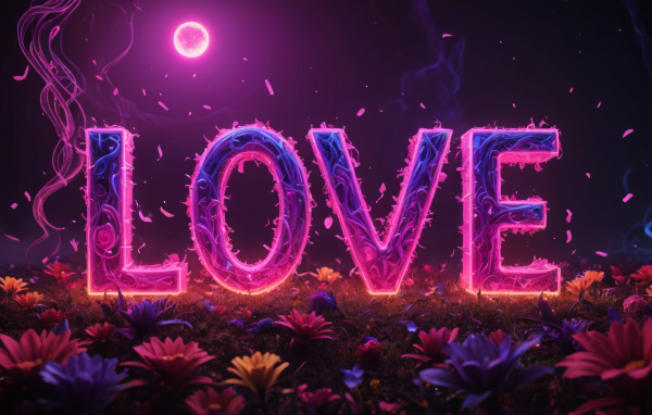 Надпись любовь в свете луны с волшебными цветами