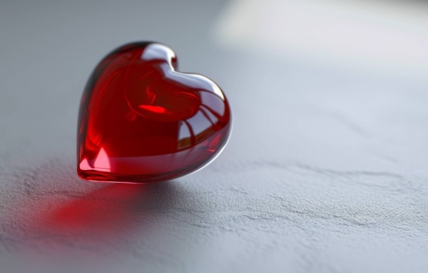 Красное стеклянное сердце на сером столе