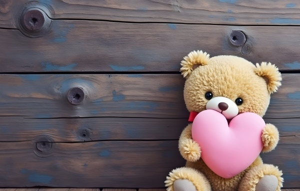 Маленький плюшевый мишка с розовым сердцем у стены