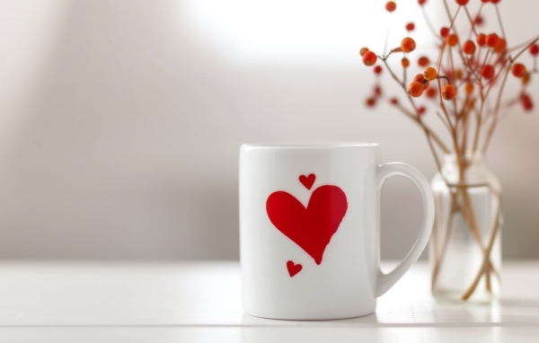 Белая кружка с красным сердцем на столе
