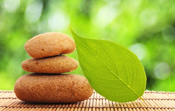 Пирамида из камней с зеленым листом 