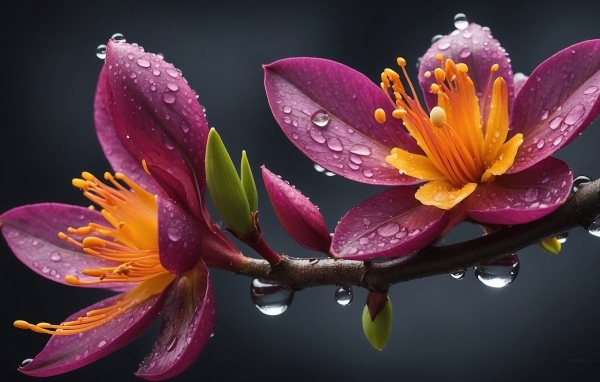 Красивые сиреневые цветы в каплях дождя на ветке