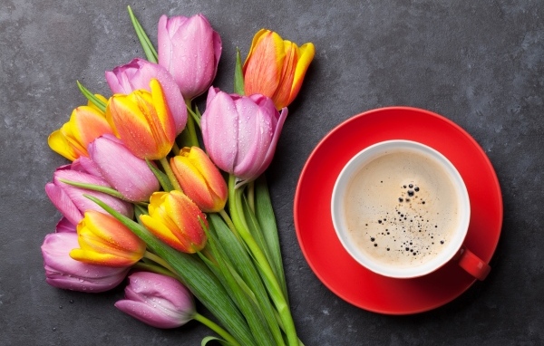 Букет разноцветных весенних тюльпанов на столе с чашкой кофе
