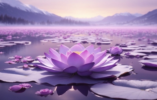 Озеро с крупными розовыми цветами лотоса