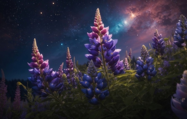 Цветы люпина под красивым ночным небом