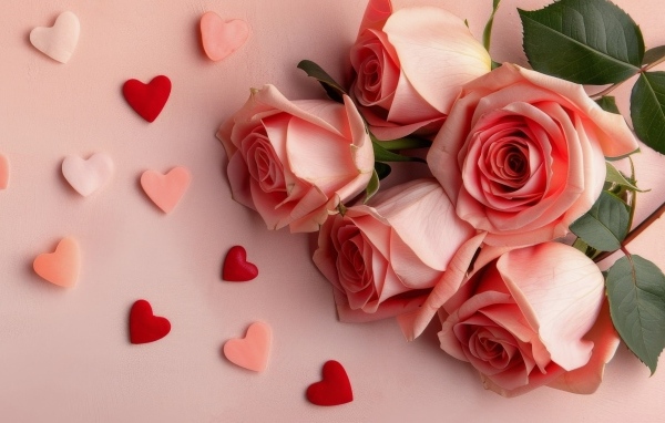 Розовые розы с маленькими сердечками на розовом фоне