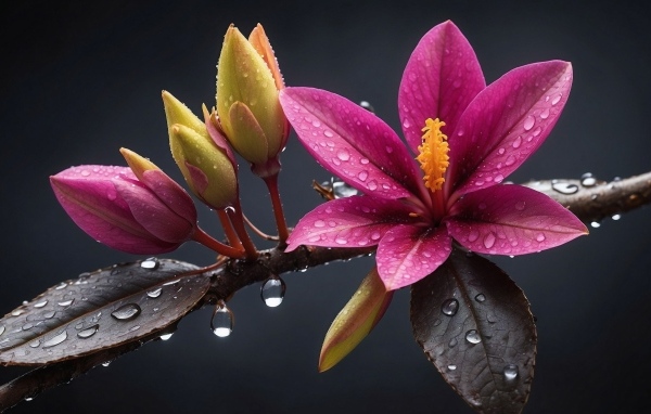 Розовый весенний цветок на ветке с бутонами в каплях дождя