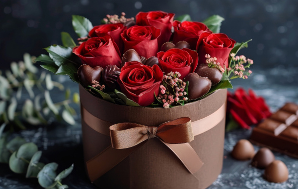 Красные розы в коробке с конфетами
