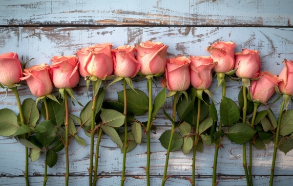 Ряд из розовых роз на деревянном столе