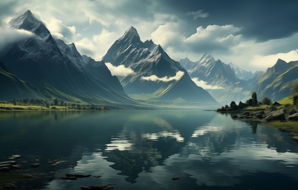 Горы в белых облаках у реки 