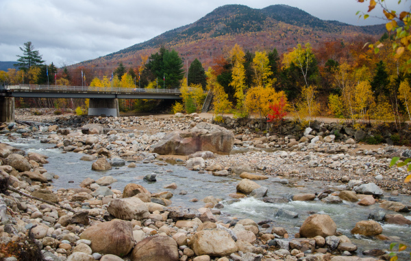 Камни в реке на фоне горы осенью