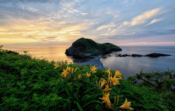 Зеленый остров в океане на закате солнца
