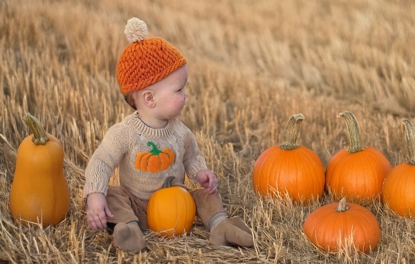 Маленький ребенок сидит на поле с тыквами
