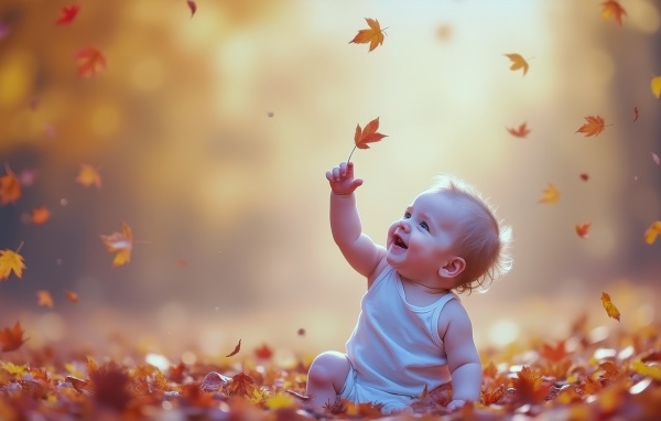 Маленький ребенок сидит на земле с опавшими листьями