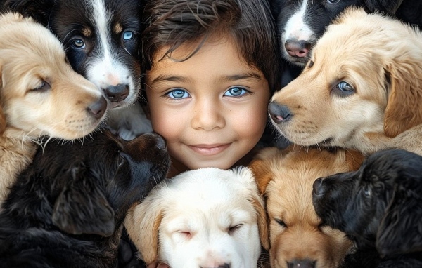 Красивый ребенок с собаками