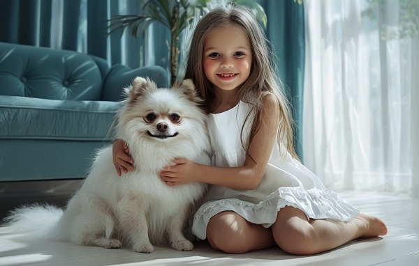 Маленькая девочка и шпиц сидят на полу в комнате