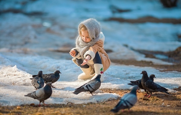 Маленькая девочка кормит голубей зимой