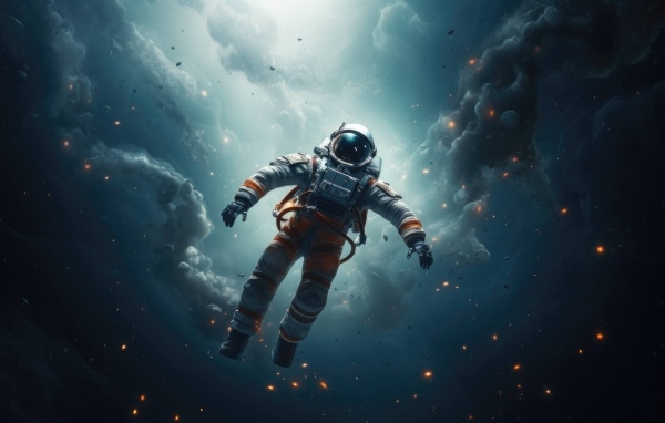 Астронавт летает в открытом космосе