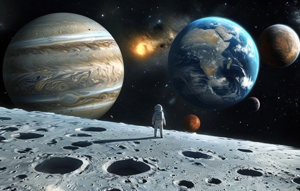 Астронавт в космосе смотрит на планеты