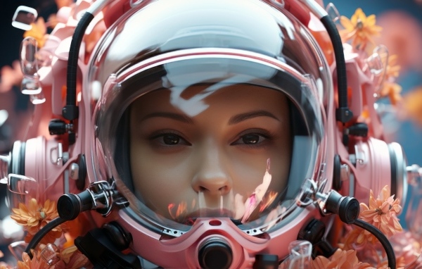 Девушка астронавт в розовом шлеме с цветами