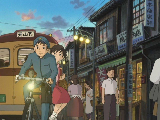 Аниме мультфильм Миядзаки From Up On Poppy Hill, парень и девушка на велосипеде