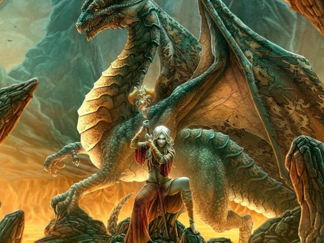 Дракон и колдунья с жезлом