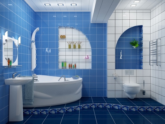 Бело голубой кафель в ванной комнате