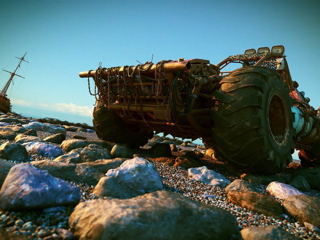 Rover on the rocky shore