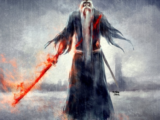 An old man with a flaming sword, the artist NanFe