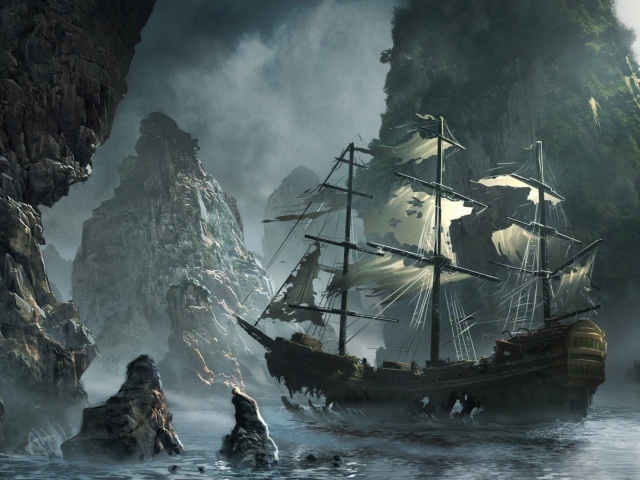 Потрепанный корабль среди скал, картина