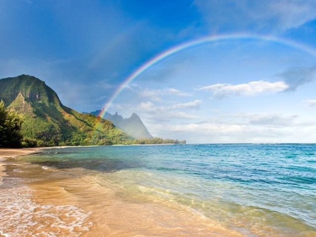 Rainbow over the beach in Hawaii