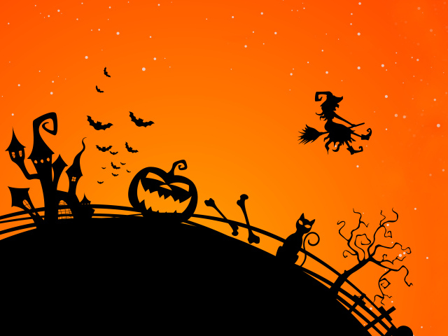 Black pumpkin, castle and flying witch on an orange background Holiday Halloween