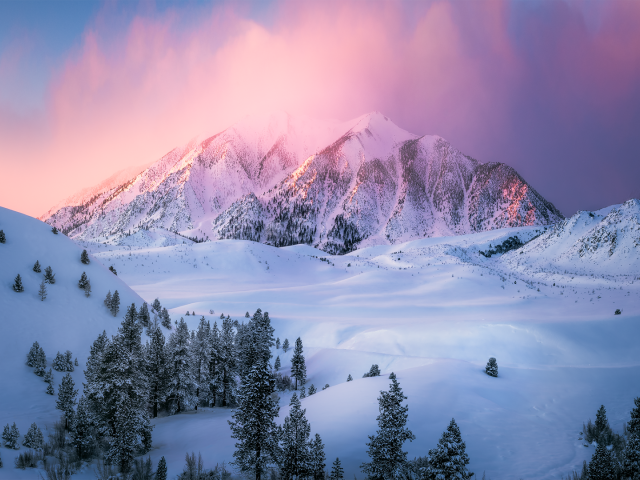Snow-covered mountains in a lilac fog