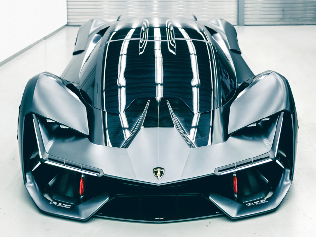 Эффектный черный спортивный суперкар Lamborghini Terzo Millennio вид спереди