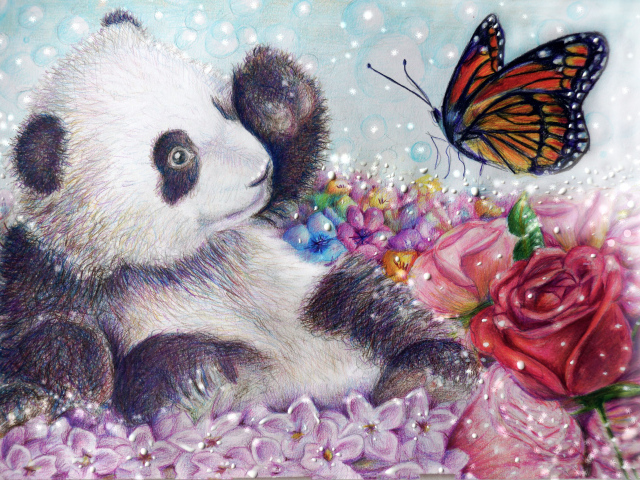 Нарисованный медвежонок панда с бабочкой и красной розой