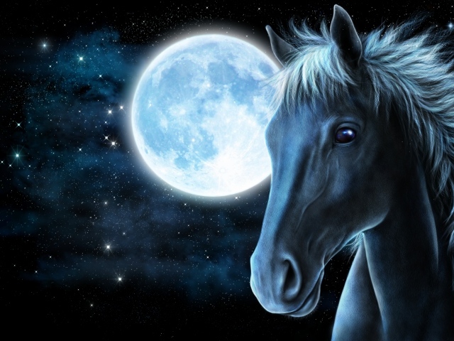 Нарисованная лошадь на фоне большой яркой луны