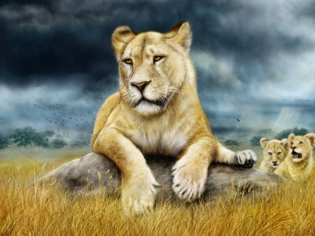 Нарисованная львица с маленькими львятами