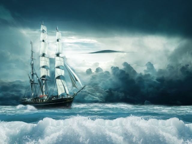 Painted ship in a stormy sea
